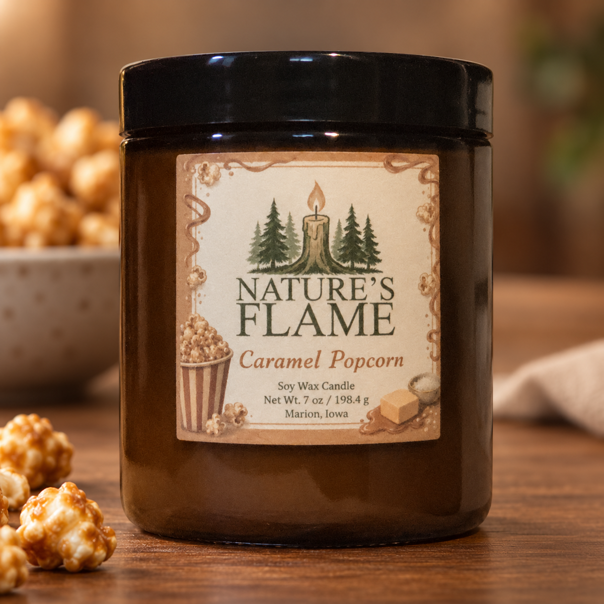 Nature's Flame Caramel Popcorn 7 oz soy wax candle in an amber glass jar