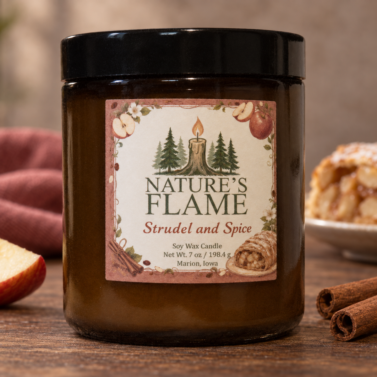 Nature's Flame Strudel and Spice 7 oz soy wax candle in an amber glass jar