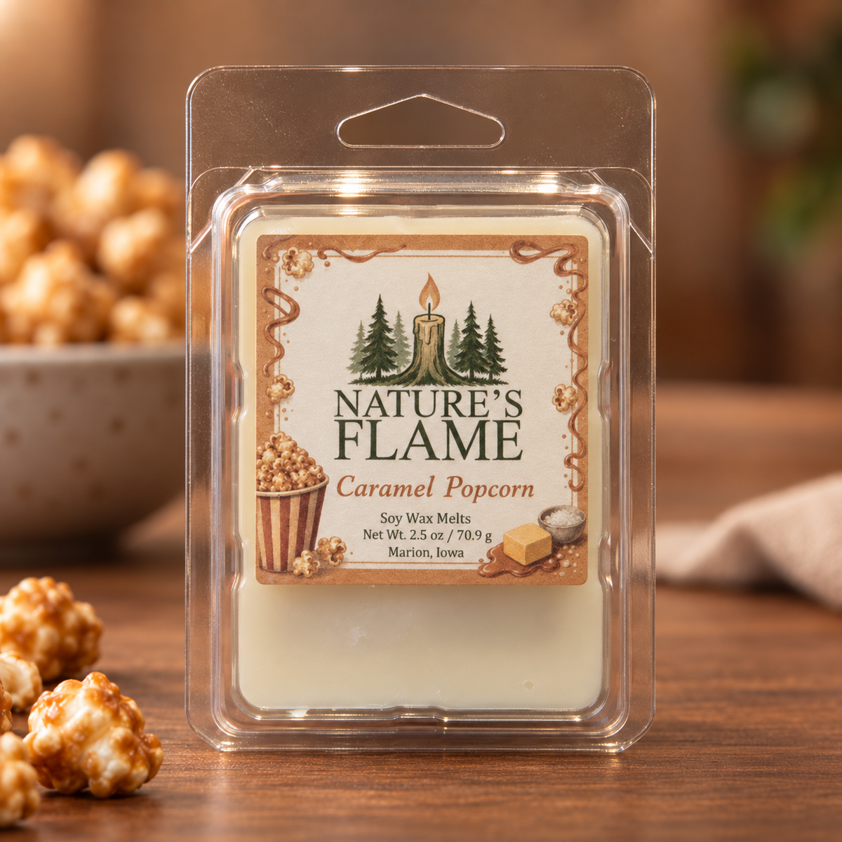 Nature's Flame Caramel Popcorn 2.5 oz soy wax melts in a six-cube clamshell