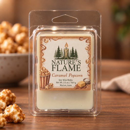 Nature's Flame Caramel Popcorn 2.5 oz soy wax melts in a six-cube clamshell