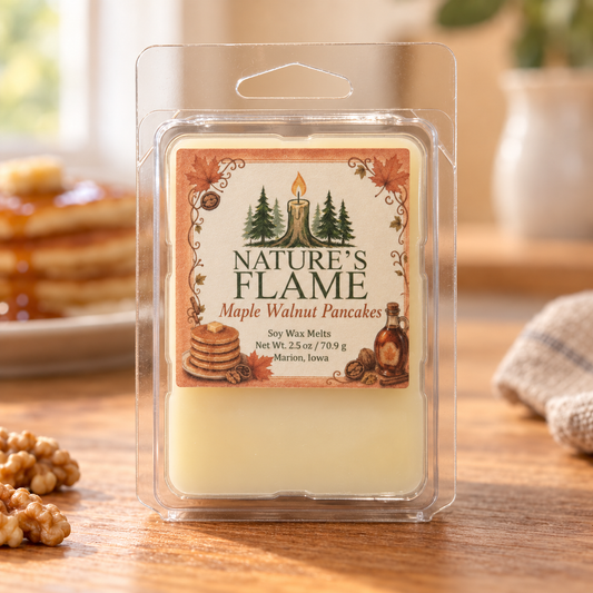 Nature's Flame Maple Walnut Pancakes 2.5 oz soy wax melts in a six-cube clamshell