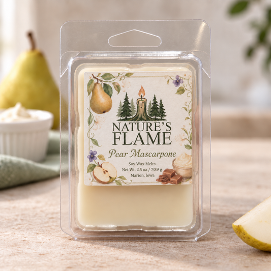Nature's Flame Pear Mascarpone 2.5 oz soy wax melts in a six-cube clamshell
