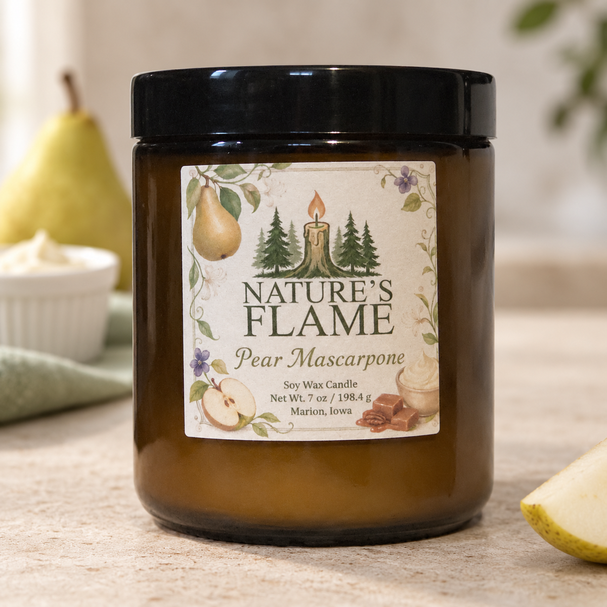 Nature's Flame Pear Mascarpone 7 oz soy wax candle in an amber glass jar