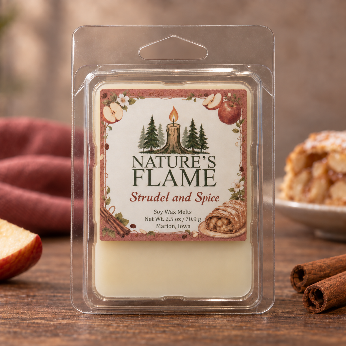 Nature's Flame Strudel & Spice 2.5 oz soy wax melts in a six-cube clamshell